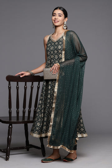 Varanga Women Green Patola Printed Anarkali Kurta With Bottom And Dupatta